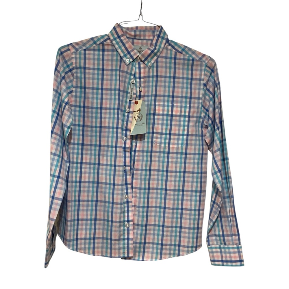 Class Club Boy’s NWT Button up, Long Sleeves Size 14/16 Pink and Blues Plaid